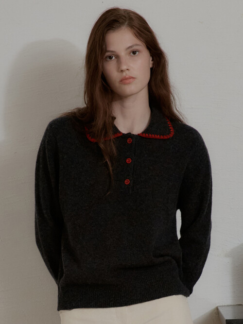 Wool 100% Needlework Collar Knit_Charcoal