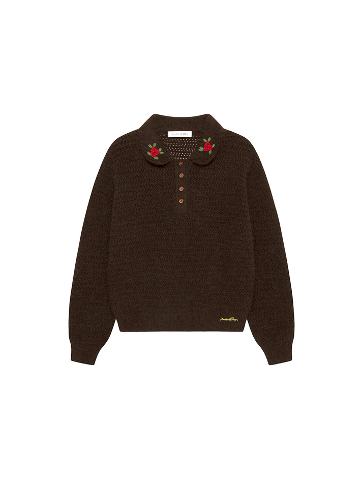 Floral Embroidered Collar Wool Knit_Brown