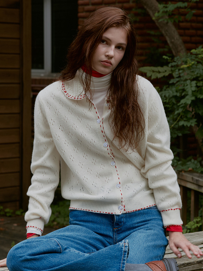Wool 100% Stitch Contrast Cardigan_Ivory