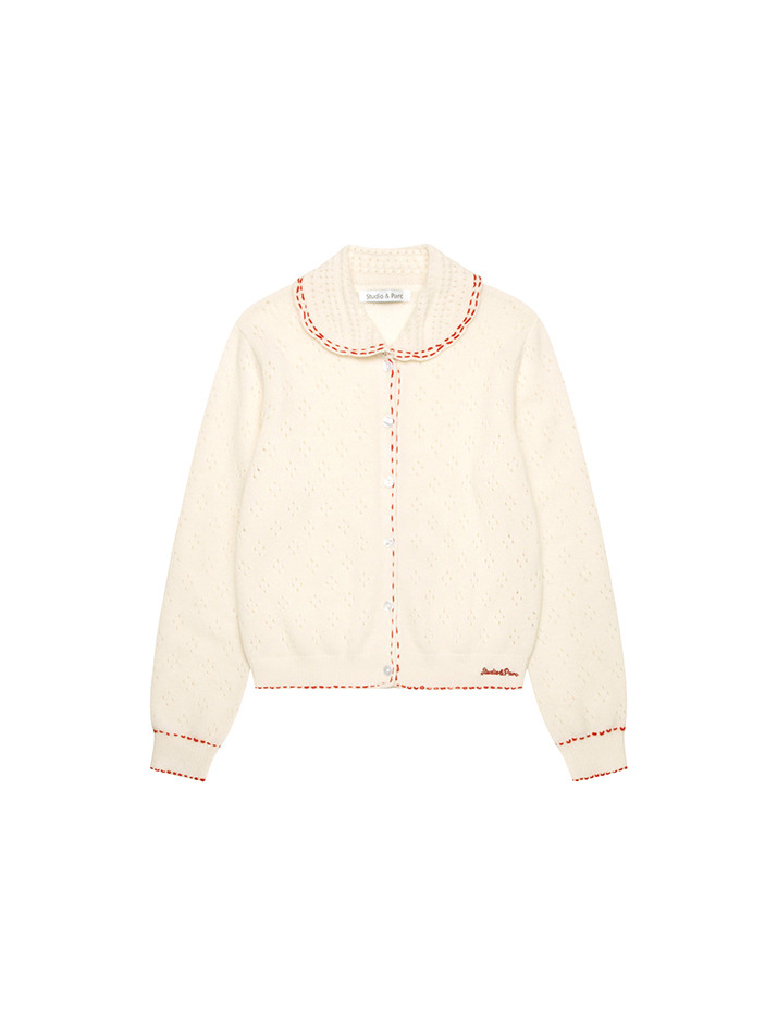 Wool 100% Stitch Contrast Cardigan_Ivory