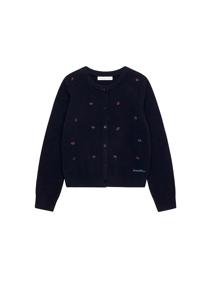 Wool 100% Flower Cardigan_Navy