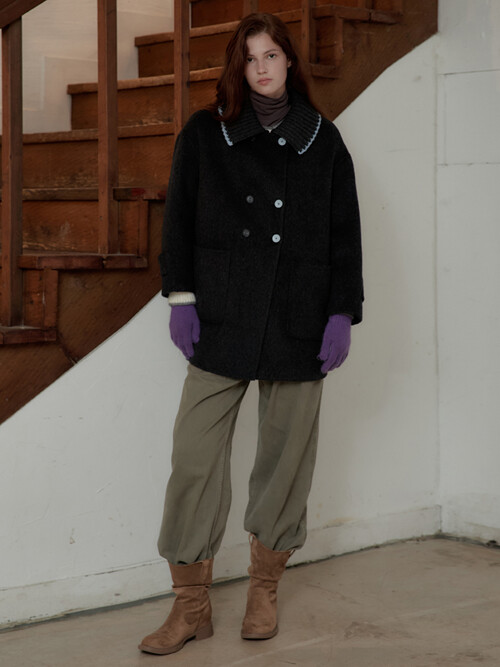 Collared Knit Wool Half Coat_Charcoal