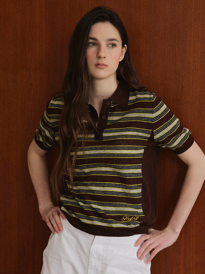 Striped Collar Short Sleeve Knit_Brown