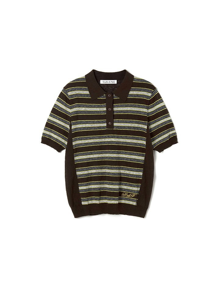 Striped Collar Short Sleeve Knit_Brown