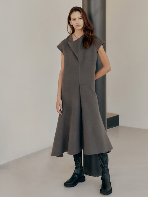 Double-faced wool-blend cowl neck and flared hem dress