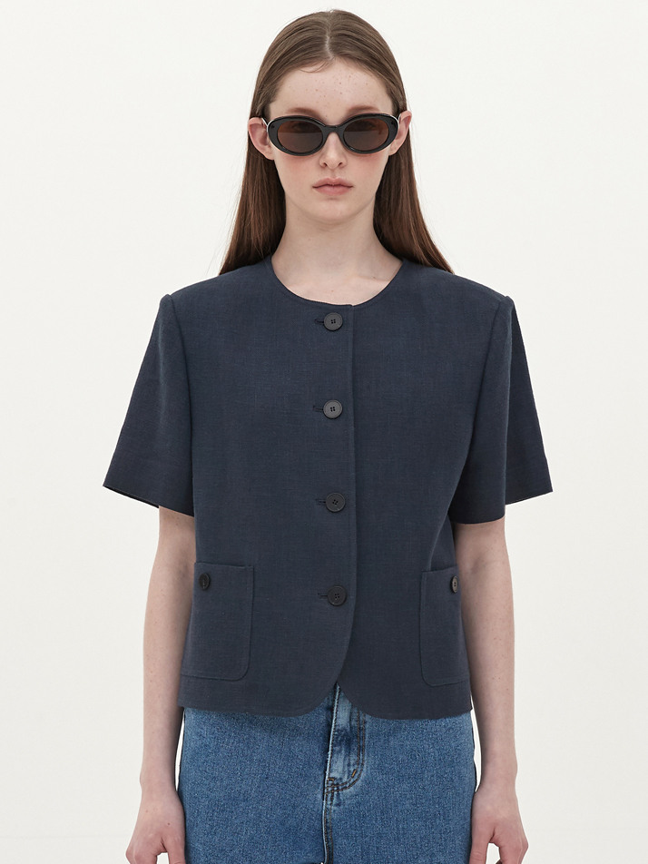 no collar half sleeve jacket_navy ETERNAL JOURNEY