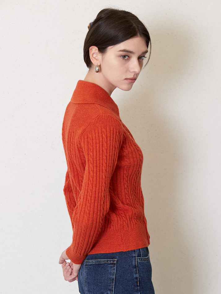 cable collor knit cardigan_orange
