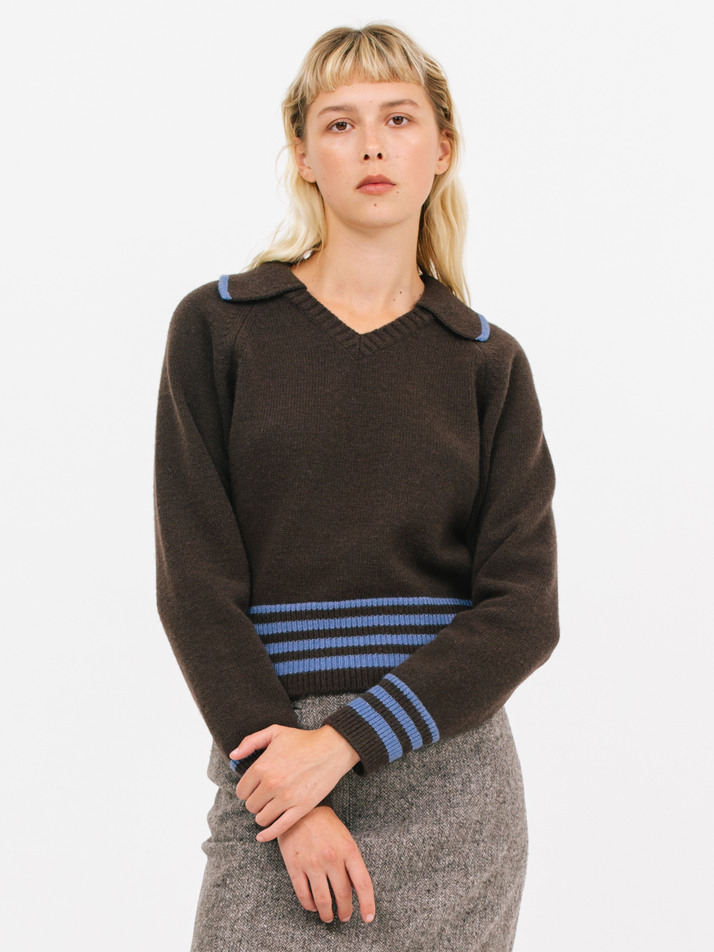 open collar stripe knit_choco