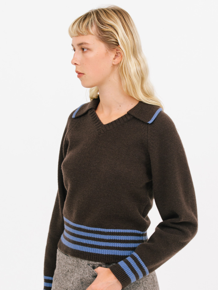 open collar stripe knit_choco