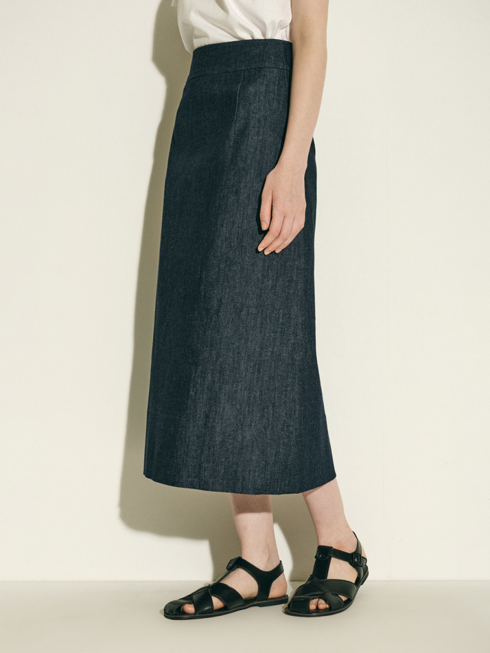 denim A-line midi skirt