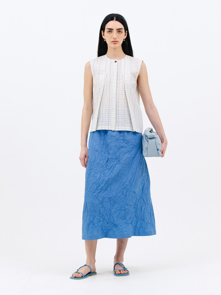 tuck sleeveless blouse_check blue