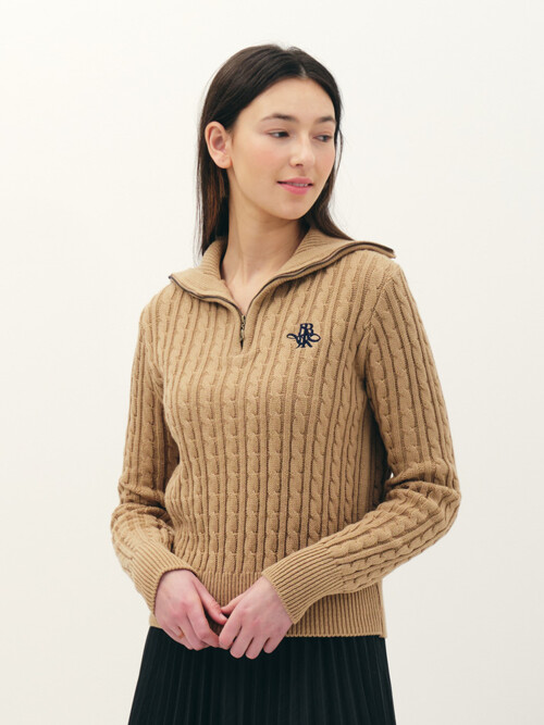 symbol half zip-up crop cable knit_beige