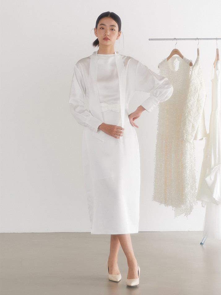 Bridal Draped Neck Ribbon One-piece_white