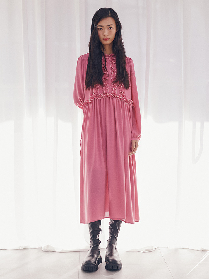 Ruffled Shirring Romantic One-piece_pink