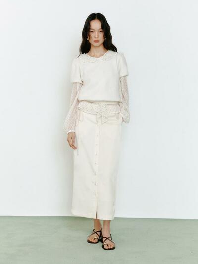 Lady Button-up Skirt_cream satin