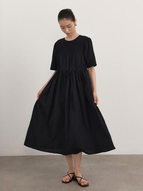 Short Sleeve Shirring Romantic Long One-piece_black