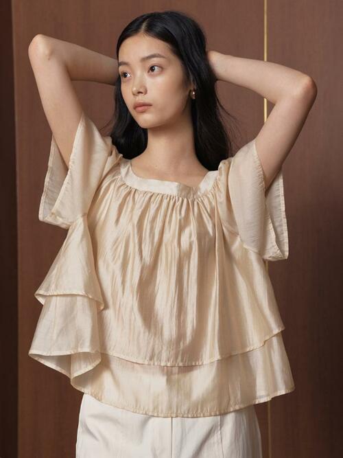 Summer Double Layered Sheer Blouse_sand