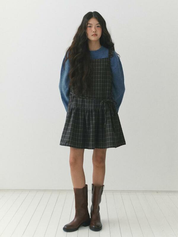 Ribbon Belt Wool One-piece_check brown
