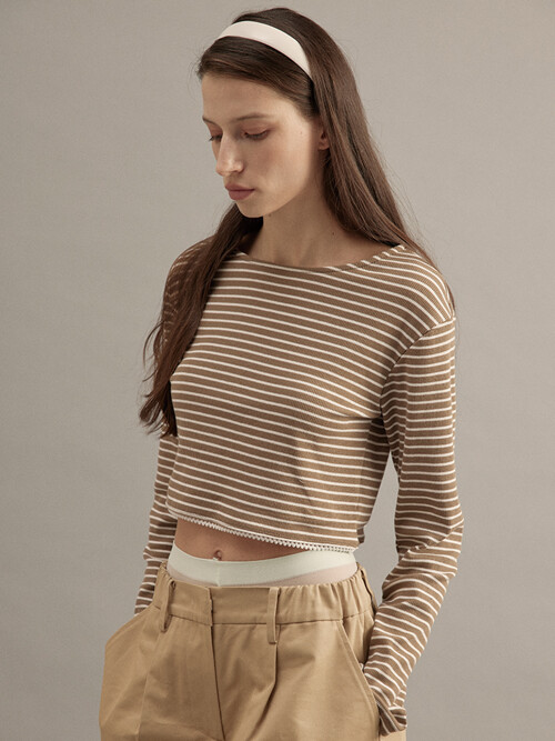 Stripe Crop T-shirt Brown