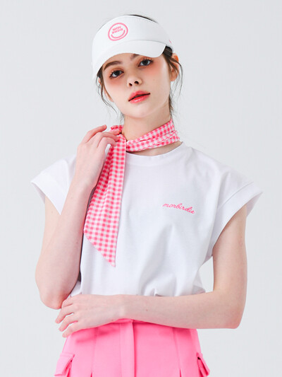 스카프 포인트 슬리브리스 티셔츠 WHITE&PINK