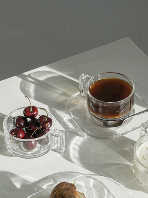 ARNO GLASS CUP AND SAUCER CLEAR 2 SET+ DISPENSER FOR 2