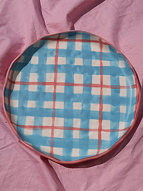 무광핑크 블루체크 디너접시