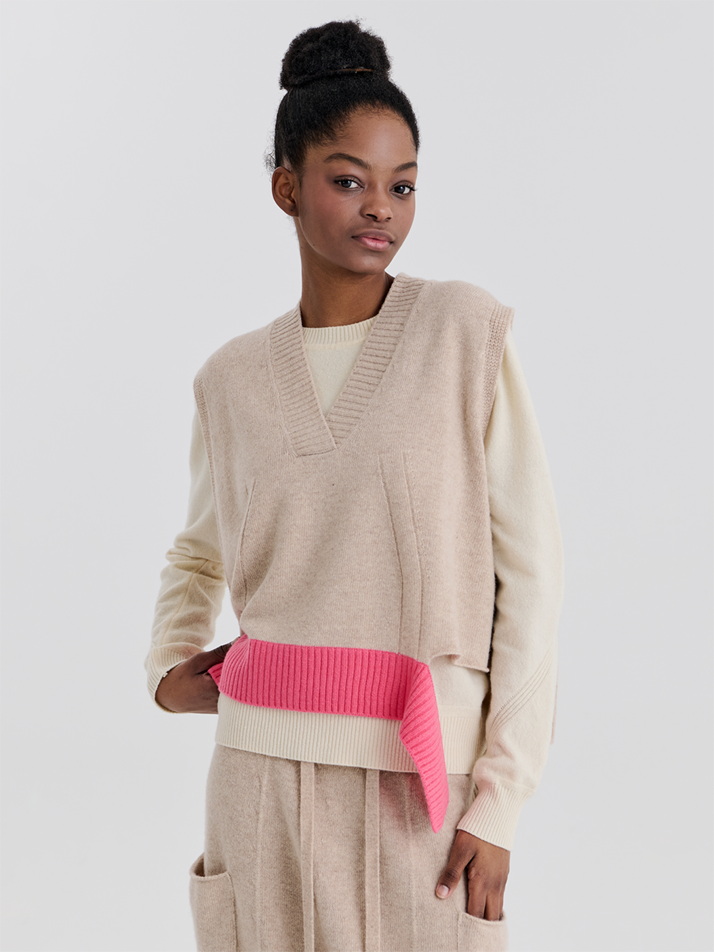 RIB OPEN VEST (BEIGE)