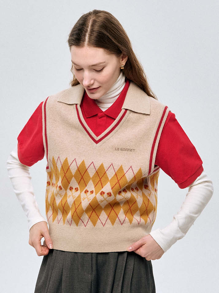 로고 앤 아가일 니트 베스트 Logo & Argyle Knit Vest_Beige