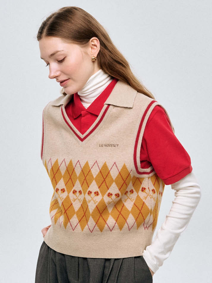 로고 앤 아가일 니트 베스트 Logo & Argyle Knit Vest_Beige