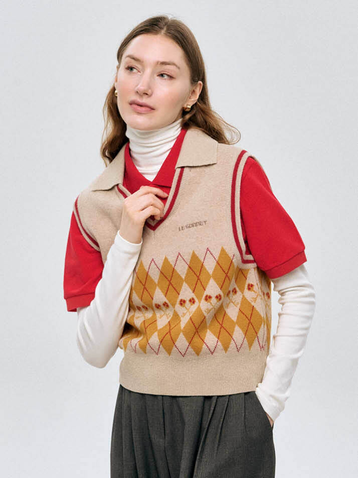 로고 앤 아가일 니트 베스트 Logo & Argyle Knit Vest_Beige