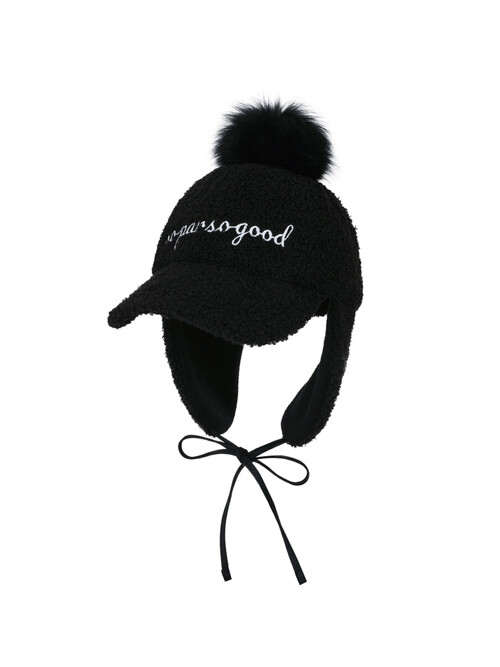 BUBBLY POMPOM EARFLAP CAP_Black