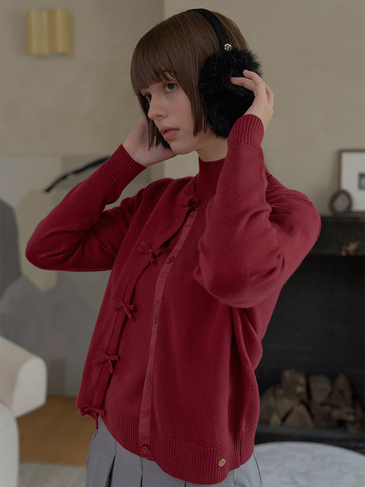 CASHMERE BLEND RIBBON CARDIGAN_Cherry Red
