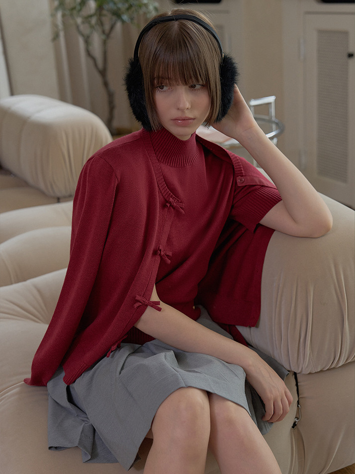 CASHMERE BLEND RIBBON CARDIGAN_Cherry Red