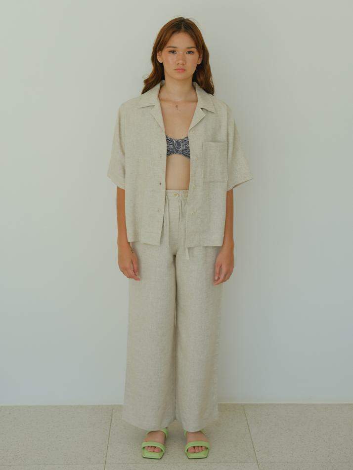 Easy Half Sleeve Shirt Linen Herringbone