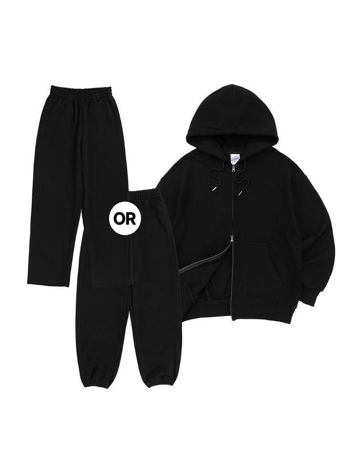 [SET UP] OVERFIT 2WAY ZIP-UP & STRAIGHT or JOGGER SEWATPANTS - BLACK