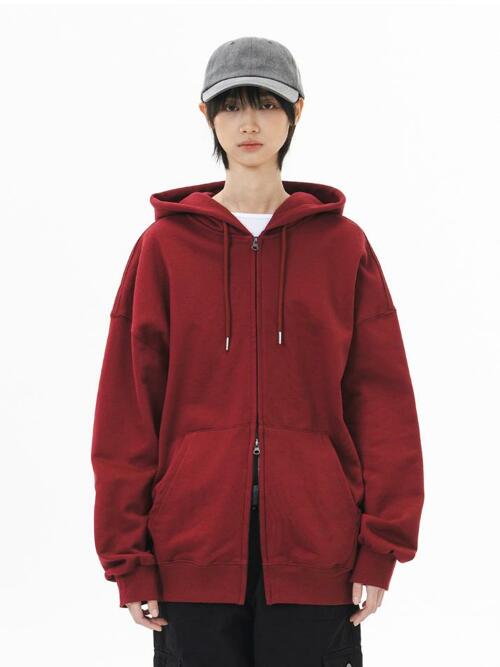 르커스텀 오버핏 무지 투웨이 후드집업 (버건디)