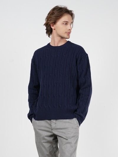 [birbante] 소프트 워셔블 케이블 라운드 니트 - 다크 네이비