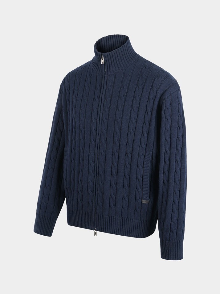 [birbante] 워셔블 코튼 케이블 투웨이 니트 집업 - 다크 네이비