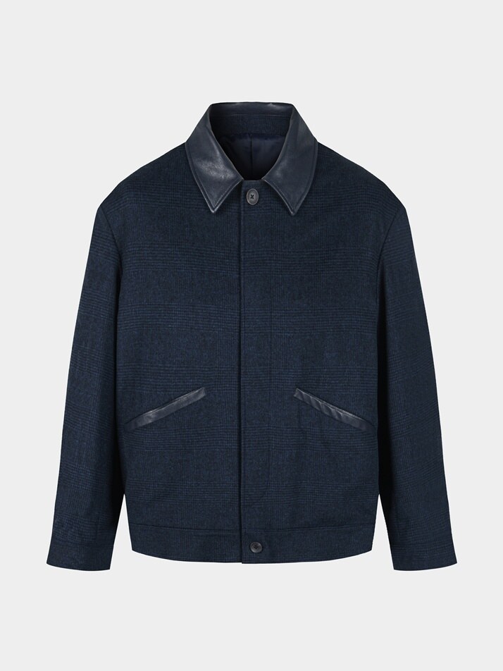 [birbante] 울 블렌드 레더 카라 블루종 자켓 - 네이비 체크