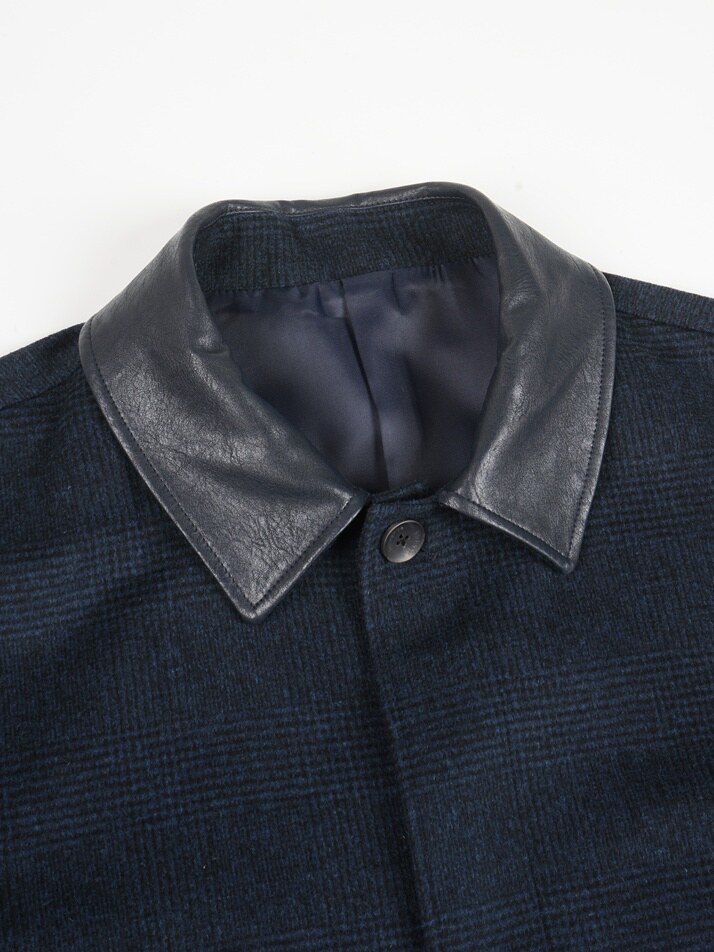 [birbante] 울 블렌드 레더 카라 블루종 자켓 - 네이비 체크