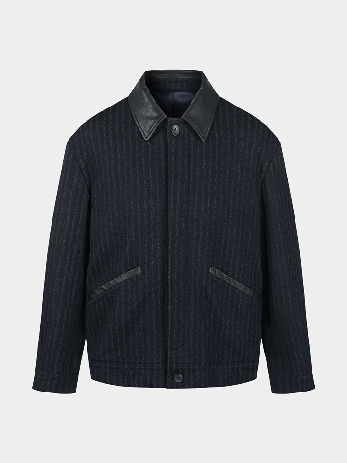 [birbante] 울 블렌드 레더 카라 블루종 자켓 - 네이비 스트라이프