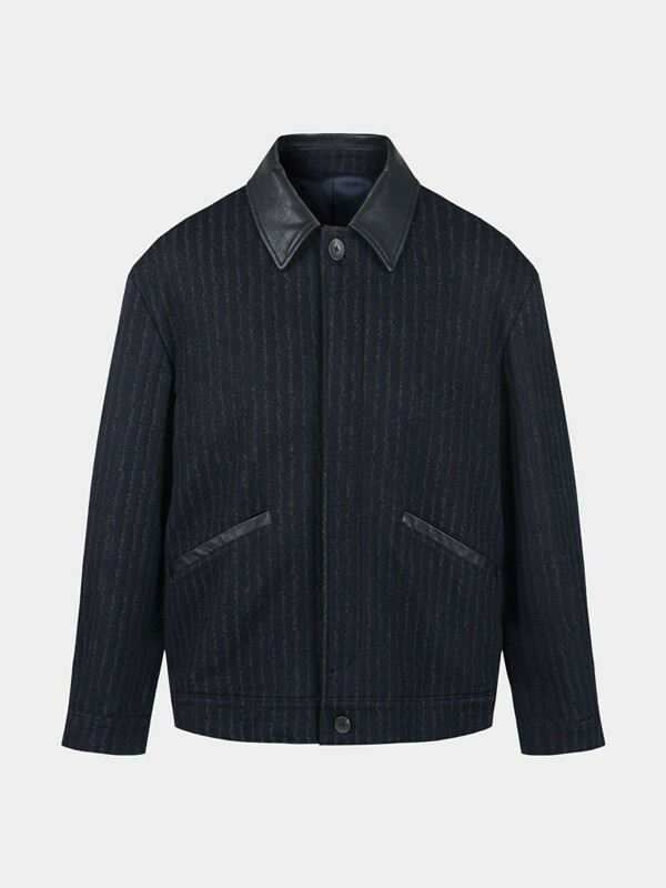 [birbante] 울 블렌드 레더 카라 블루종 자켓 - 네이비 스트라이프