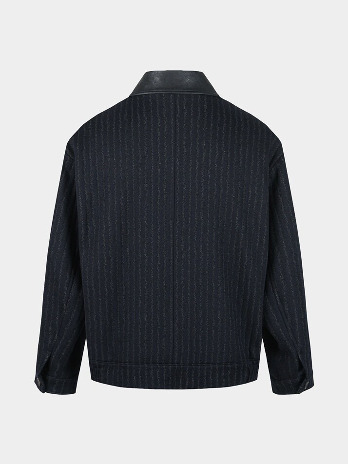 [birbante] 울 블렌드 레더 카라 블루종 자켓 - 네이비 스트라이프