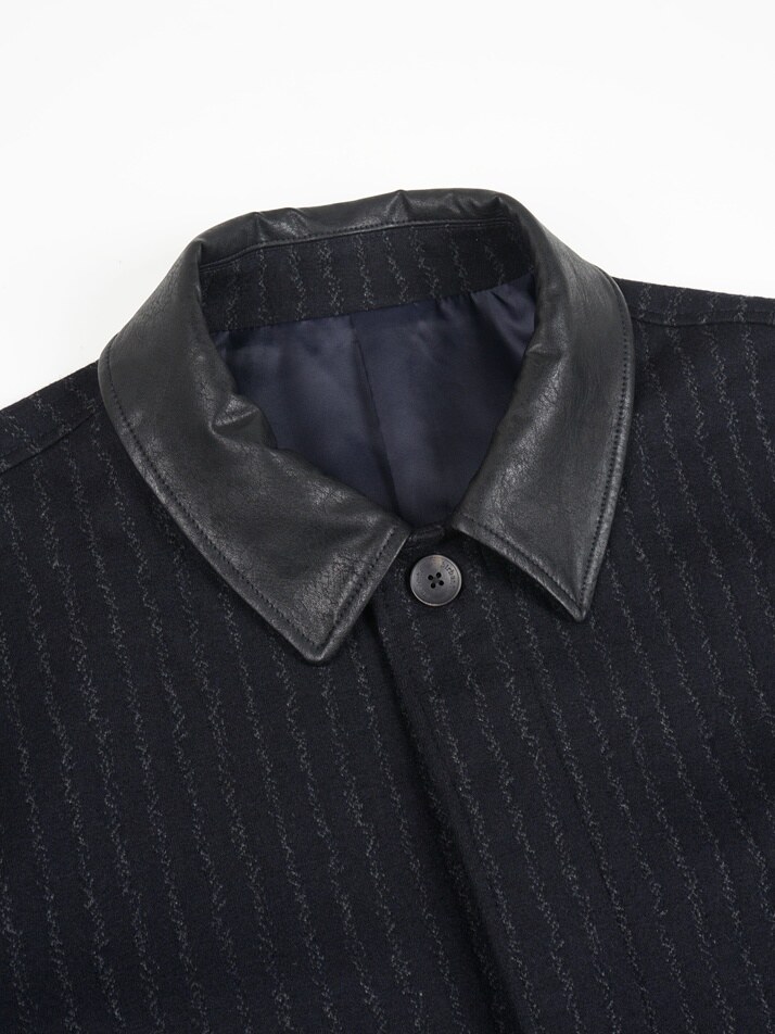 [birbante] 울 블렌드 레더 카라 블루종 자켓 - 네이비 스트라이프