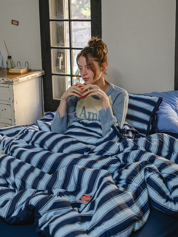 프레피 스트라이프 와펜 간절기/사계절 이불리본베개세트 SS/Q 4컬러