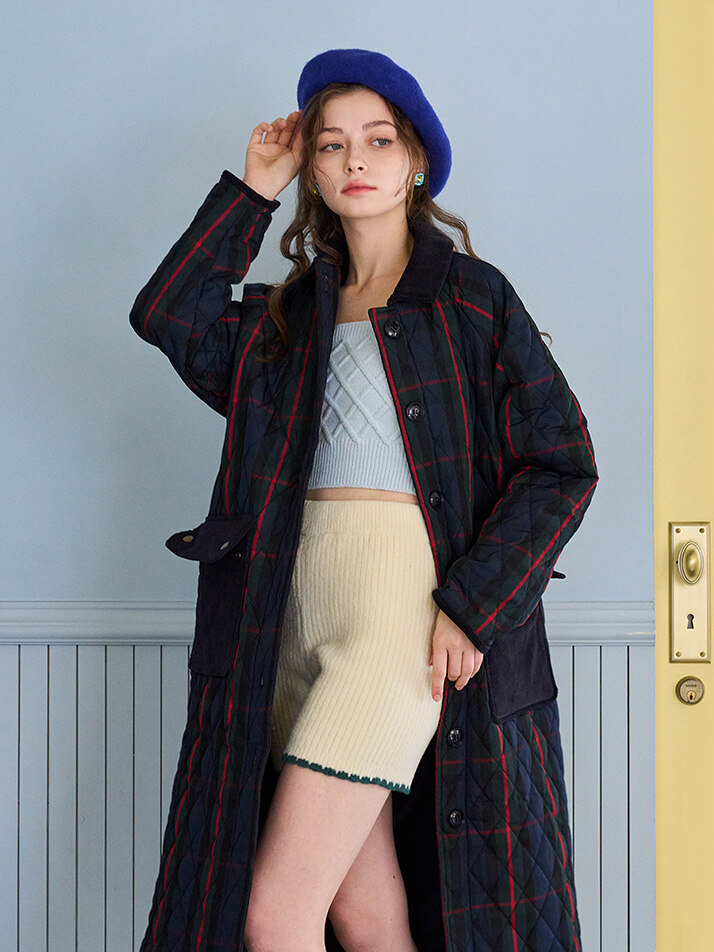퀼팅 패딩 롱 코트 (Check Navy)