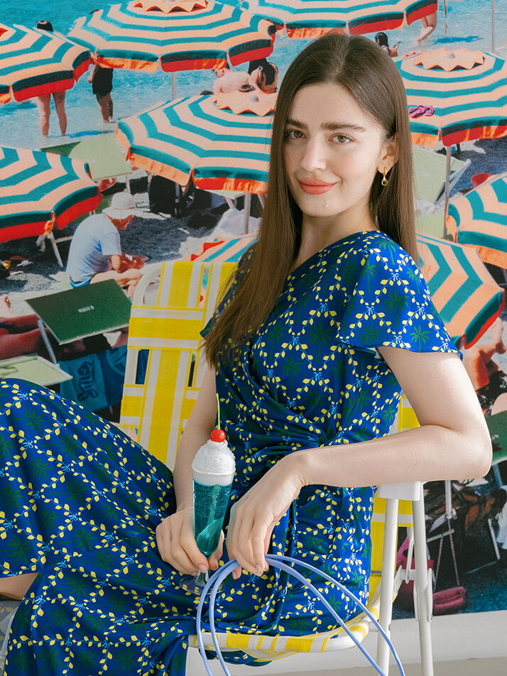 매쉬 쿨 랩 원피스 야자 군청