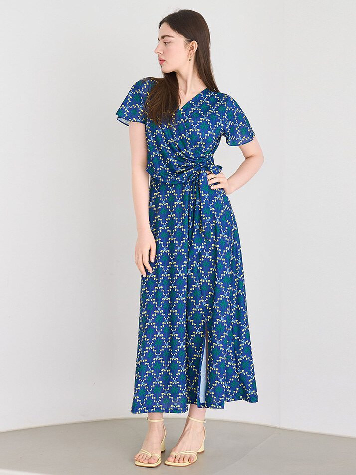 매쉬 쿨 랩 원피스 야자 군청