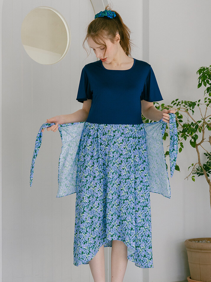 스퀘어넥 커버 원피스 큰꽃