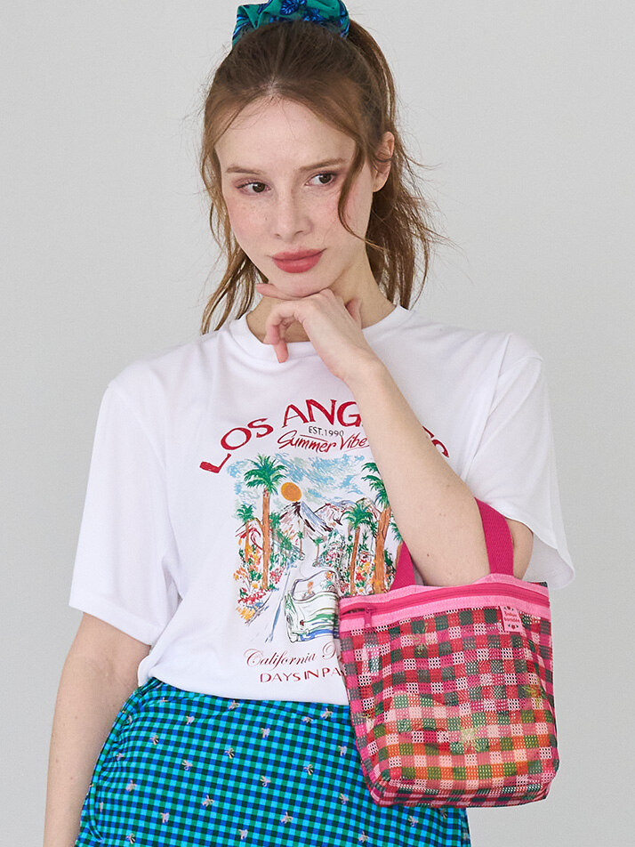 메쉬 미니 파우치 체크 핑크